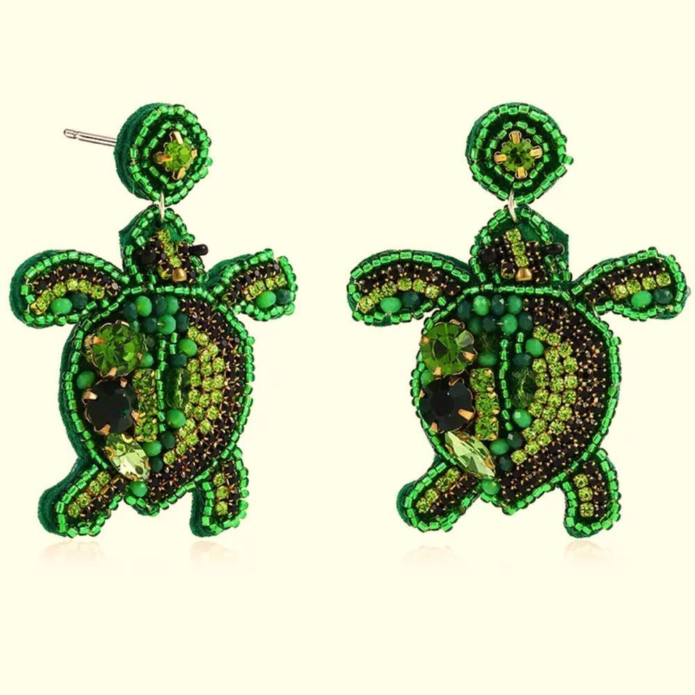 Green Turtle Ocean Beaded Crystal Drop Earrings - used once